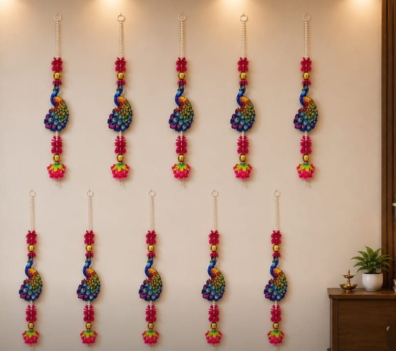 Mor Patti Decorative Hanging – Peacock & Floral Traditional Door Décor, Pack of 10